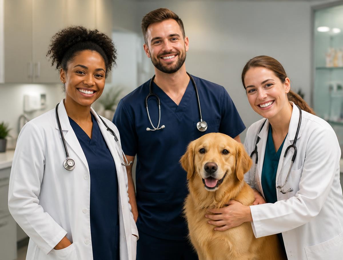 Veterinary team with a golden retriever at Valiant Veterinary