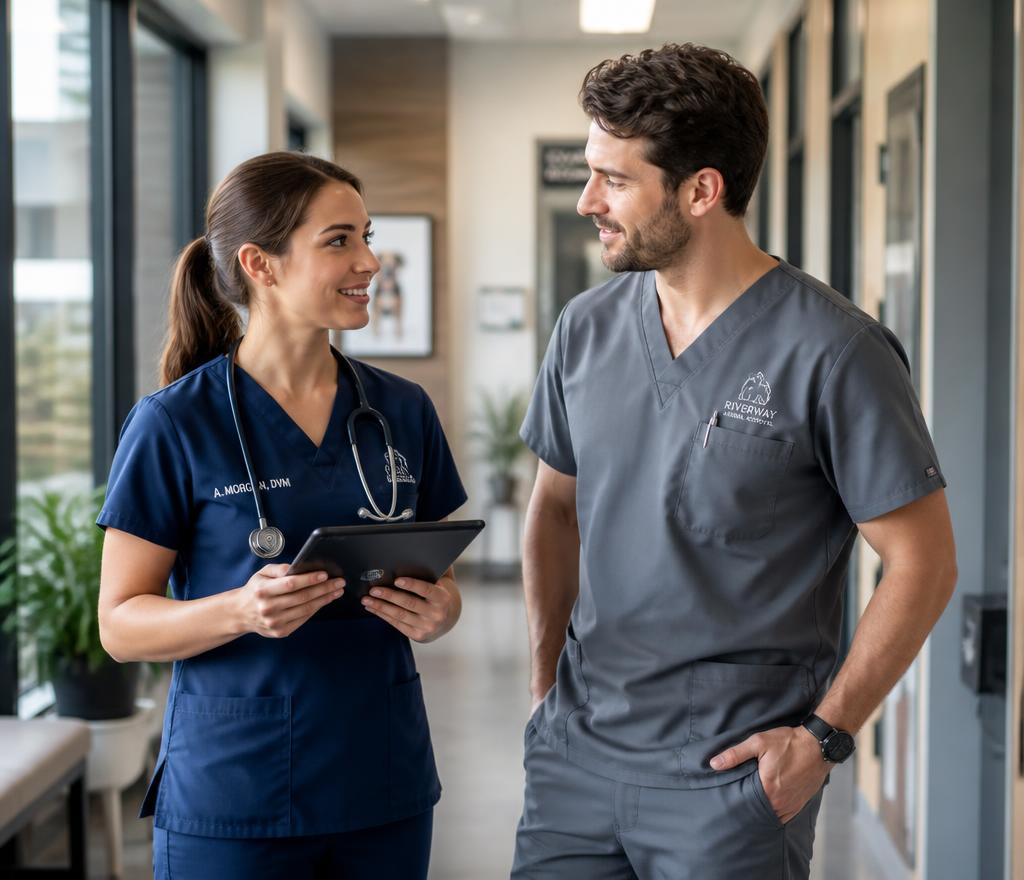 Two veterinarians talking together in a clinic hallway