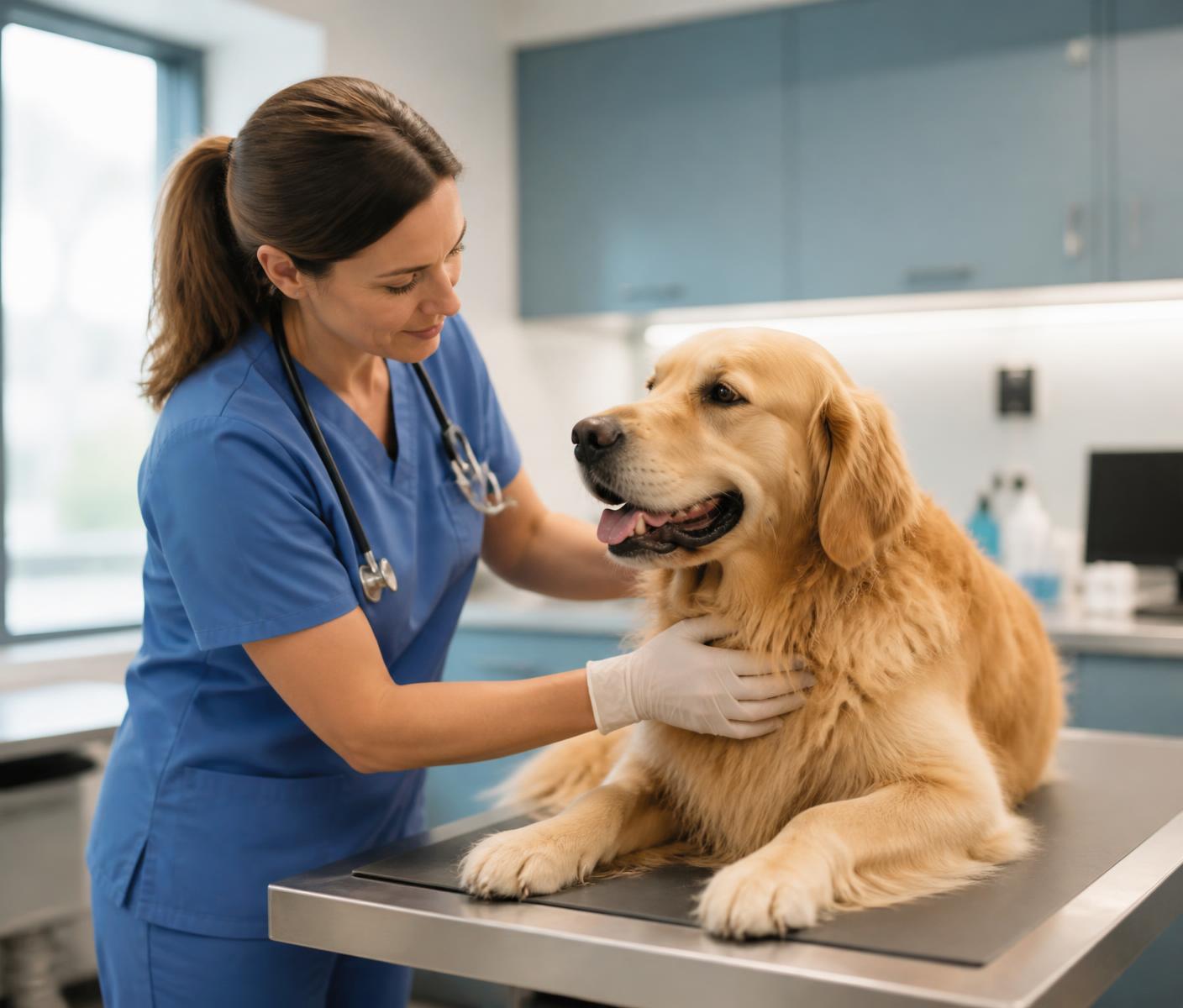 Veterinarian examining a calm golden retriever on an exam table