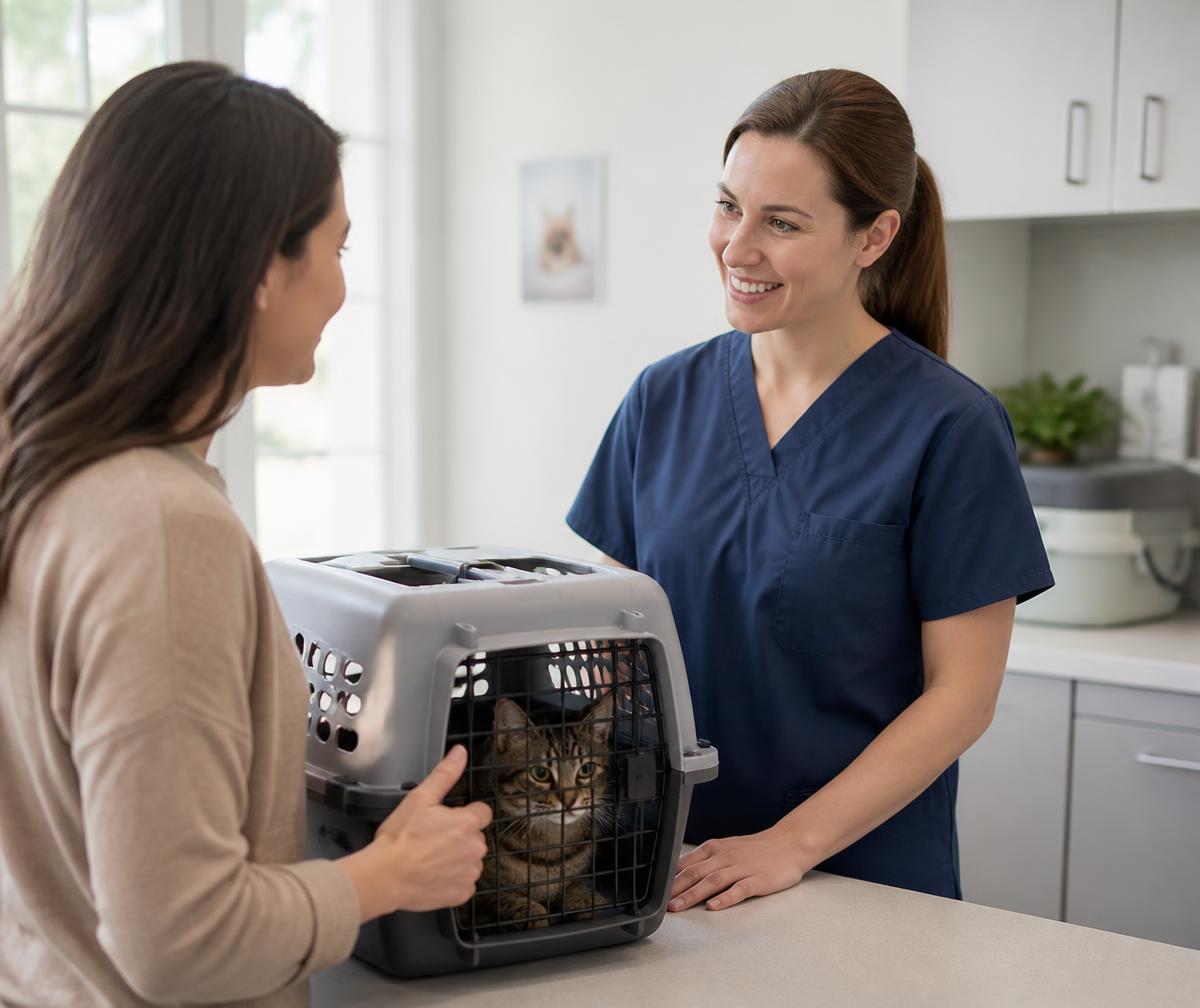 Veterinarian talking with a pet owner holding a cat carrier in a bright exam room